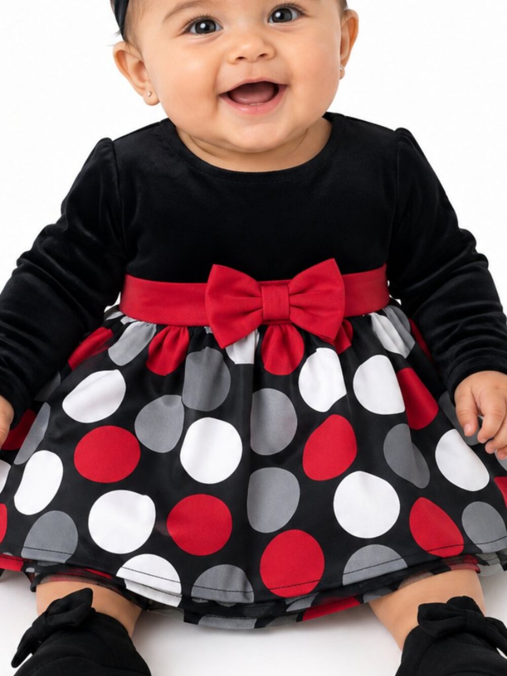 JESSICA ANN Baby Girls 3-6 mos Black Red White Polka Dots Long Sleeve Dress NEW